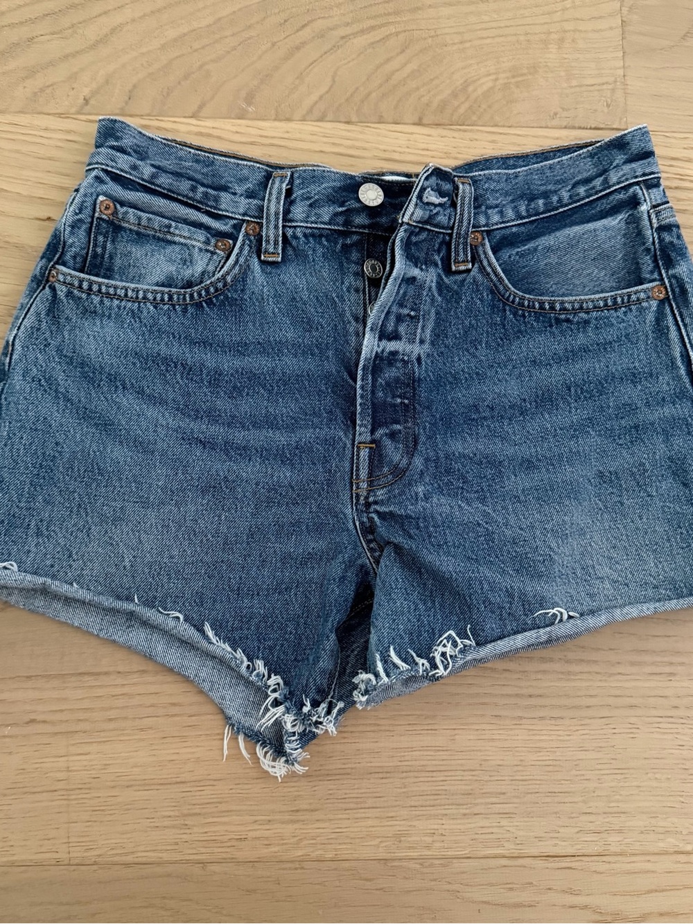 Agolde Dark Blue High-Rise Frayed Hem Jean Shorts